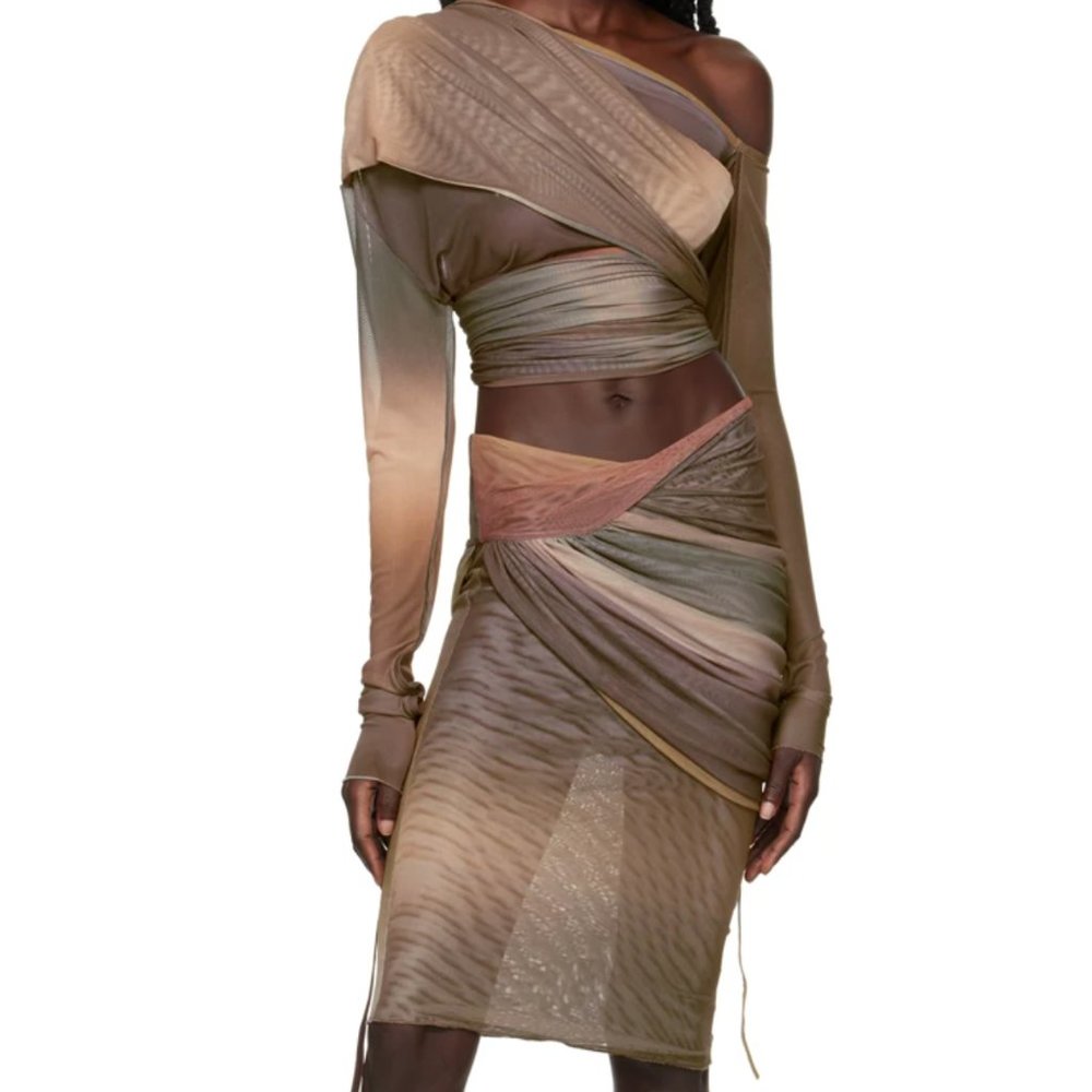 JADE CROPPER Brown Wrap Blouse & Skirt (Blouse-S) (Skirt - M)